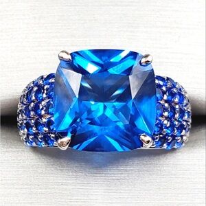 6 Carat Square Cushion Lab Created Blue Spinel Rhodium 925 Sterling Silver Ring